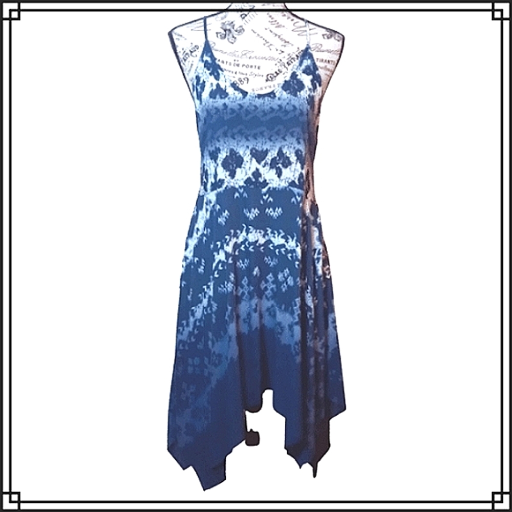 Ocean Drive Blue & White Coastal Boho Kerchief Midi Dress Size Med